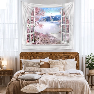 Detail of 3D window landscape tapestry featuring mountains and cherry blossoms in bedroom