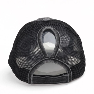 Black mesh ponytail baseball cap with grey washed cotton trim and velcro closure