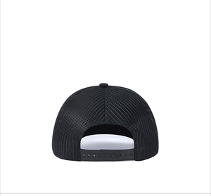 Detail view of the black mesh truck cap featuring an adjustable plastic snapback closure