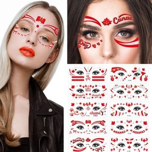 Detail of Canada Day temporary face tattoos featuring red maple leaves and party designs