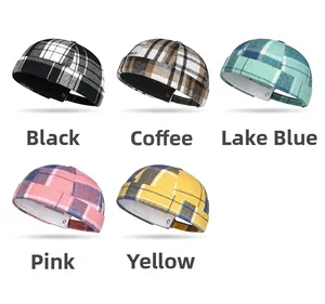 Detailed grid of checkered miki hats in black, coffee, blue, pink, and yellow colors