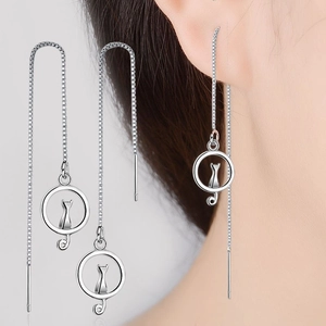 925 Sterling Silver Cute Cat Ear Threads Long Tassel Drop Earrings For Women Fashion Minimalist White Gold Plated Jewelry