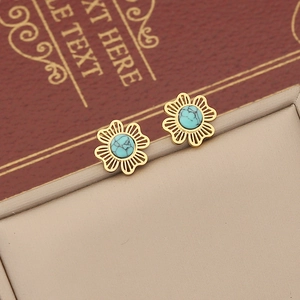 Golden flower stud earrings with turquoise stone inlay and hollow petal design
