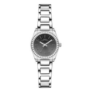 Elegant silver stainless steel watch for women with a dark grey sunray dial and gemstone bezel