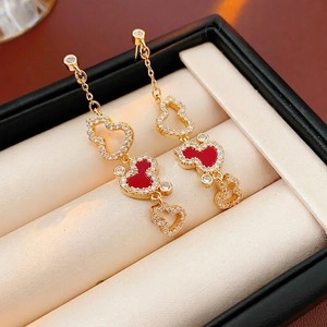 Gold Plated Copper Gourd Heart Dangle Earrings With Zircon Red Enamel And Silver Earring Post Elegant