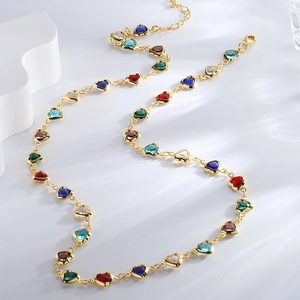 Elegant gold necklace featuring a sequence of vibrant multi-colored heart-shaped zircon stones