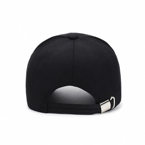 Rear view of black embroidered baseball cap featuring adjustable silver metal buckle