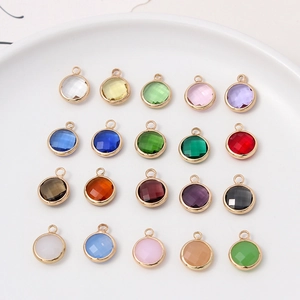 Round Birthstone Charms Gold Plated Copper Framed Faceted Glass Crystal Pendants For DIY Jewelry Making Crafting