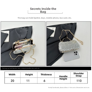 Detailed size specifications for vintage sequin box bag showing width and strap height