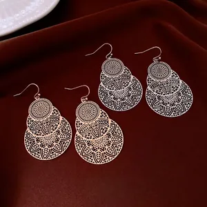 Vintage Hollow Floral Mandala Drop Earrings Ethnic Style Copper Jewelry With 925 Sterling Silver Earring Post For Women