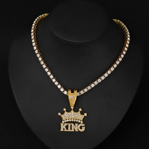 Hip-hop KING crown pendant with sparkling crystals on golden tennis chain for men