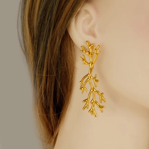 Exaggerated golden branch coral earrings in 304 stainless steel with matte 18k gold finish