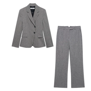 Elegant Grey Textured Blazer And Pants Business Office Professional Women Formal Woven Lapel Buttons Closure