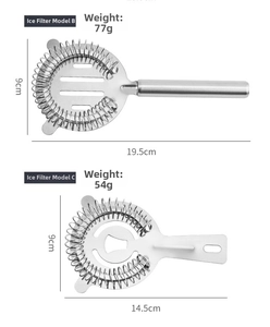 Technical dimensions of stainless steel cocktail strainers with handle length and weight