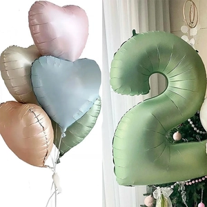 Retro olive green 40-inch number 2 balloon with matte heart-shaped foil balloons set