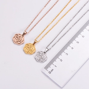 Rose flower shaped pendant necklaces in gold, rose gold and silver with 1.5cm size scale