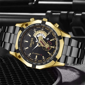 Men's business sport watch with gold and black steel band and chronograph dial