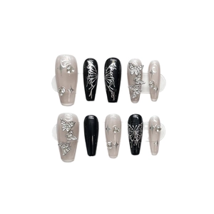 Y2K liquid silver butterfly press-on nails in long coffin shape with rhinestones