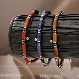 Bracelets De Perles Pour Hommes En Oeil De Tigre Naturel Jaspe Rouge Pierre À Veines Bleues Cordon Tressé Réglable