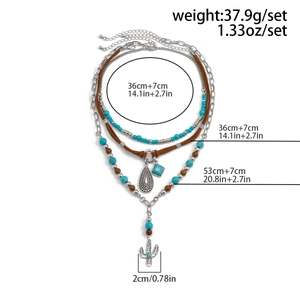 Detailed size chart of multi-layer boho necklace with turquoise beads and cactus charm