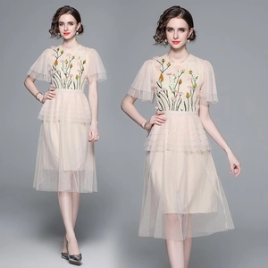 Women Elegant Mesh Embroidered Midi Dress Short Ruffle Sleeve Floral Sequin Patchwork High Waist Light Luxury Party Dress
