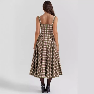 French vintage green plaid maxi dress with wide straps and back zipper shown from behind