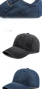 Detail of adjustable metal copper buckle and washed denim baseball caps in two colors