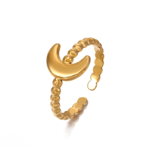 18K gold plated stainless steel open moon ring with beaded wavy texture for women