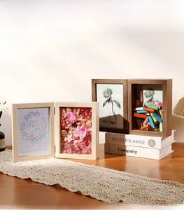 Macro view of double-sided foldable wooden shadow box frame with deep cavity for flowers
