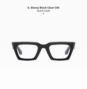 Front view of classic glossy black cat-eye eyeglass frame with clear lenses C06