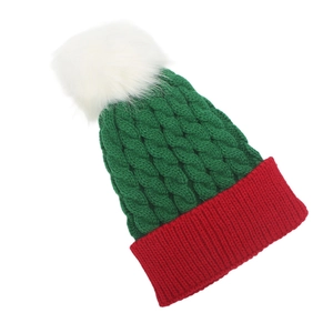 Winter cable knit Christmas hat for kids featuring red cuff and white faux fur pom-pom