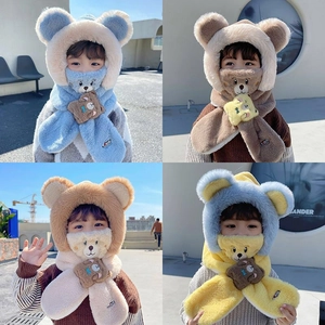Kids Winter Faux Rabbit Fur Integrated Bear Hat And Scarf Set Cute Cartoon Windproof Warm Plush Hooded Scarf For Boys Girls