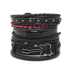 Men's multi-layer leather bracelet set with a black metal guitar charm and red accents