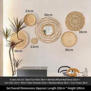 6-teiliges Boho-Wanddeko-Set mit einem Sonnenspiegel und gewebten Tellern aus Naturfaser