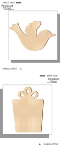 Detail showing laser-cut bird and rectangle wood ornaments with natural wood grain