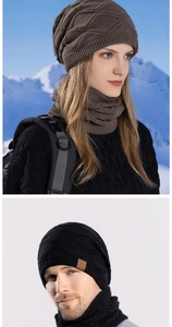Detail of diamond-grid knitted winter beanie and neck warmer set with leather logo