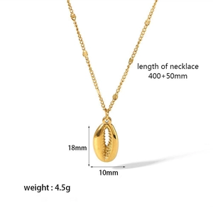 Detail showing 18K gold plated shell pendant measurements 18x10mm and 400+50mm chain length