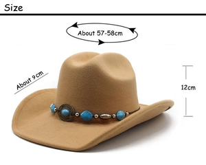 Detail of wool western cowboy hat with ethnic beaded band and detailed size measurements