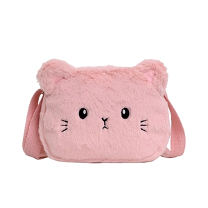 Lindo bolso de hombro de gato de peluche rosa para niñas con correa en fondo blanco