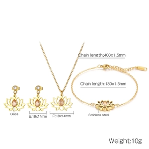 Gold stainless steel lotus jewelry set with amber stones and dimensions specs