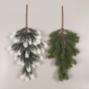 Inverted Christmas swag tree hanging with natural green leaves and snow frosted pine branches