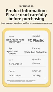 Detailed specs for mini ice cream water gun toy made of PC plastic for kids aged 3+
