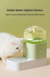 Close-up of pet water dispenser with automatic siphon system and translucent water tank
