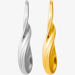 Close-up of twisted wave earrings in polished silver and gold stainless steel finishes