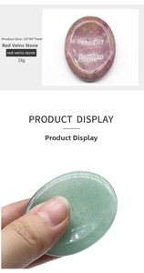 Macro shot showing dimensions of oval healing thumb stone and aventurine massage tool