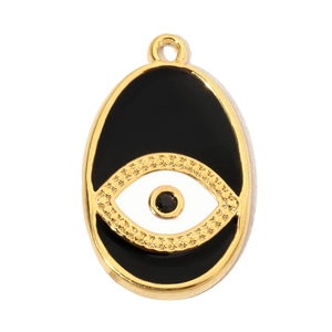 Detail of gold-plated stainless steel evil eye pendant with black and white enamel finish