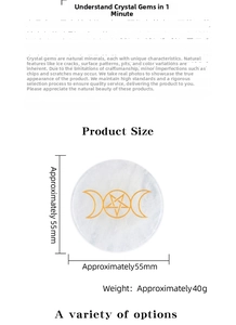Detailed view of 55mm clear quartz stone pad with gold triple moon goddess symbol