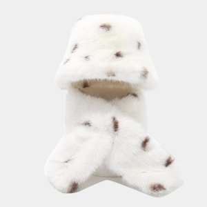 Detail of leopard print faux fur beanie hat and thick warm neck warmer set