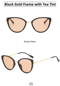 Detailed views of cat-eye sunglasses with black frames and gold metal temples