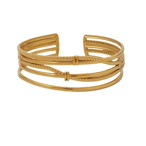 18k gold plated stainless steel open bangle with layered smooth and twisted rope design